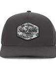 Charcoal Signature hat with Camo Hex rubber patch sew on in front waterproof caps custom made in Canada Six hats Supply