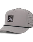 Gray signature baseball cap with arrow woven fabric patch waterproof and sweat proof hat Six Hats Supply