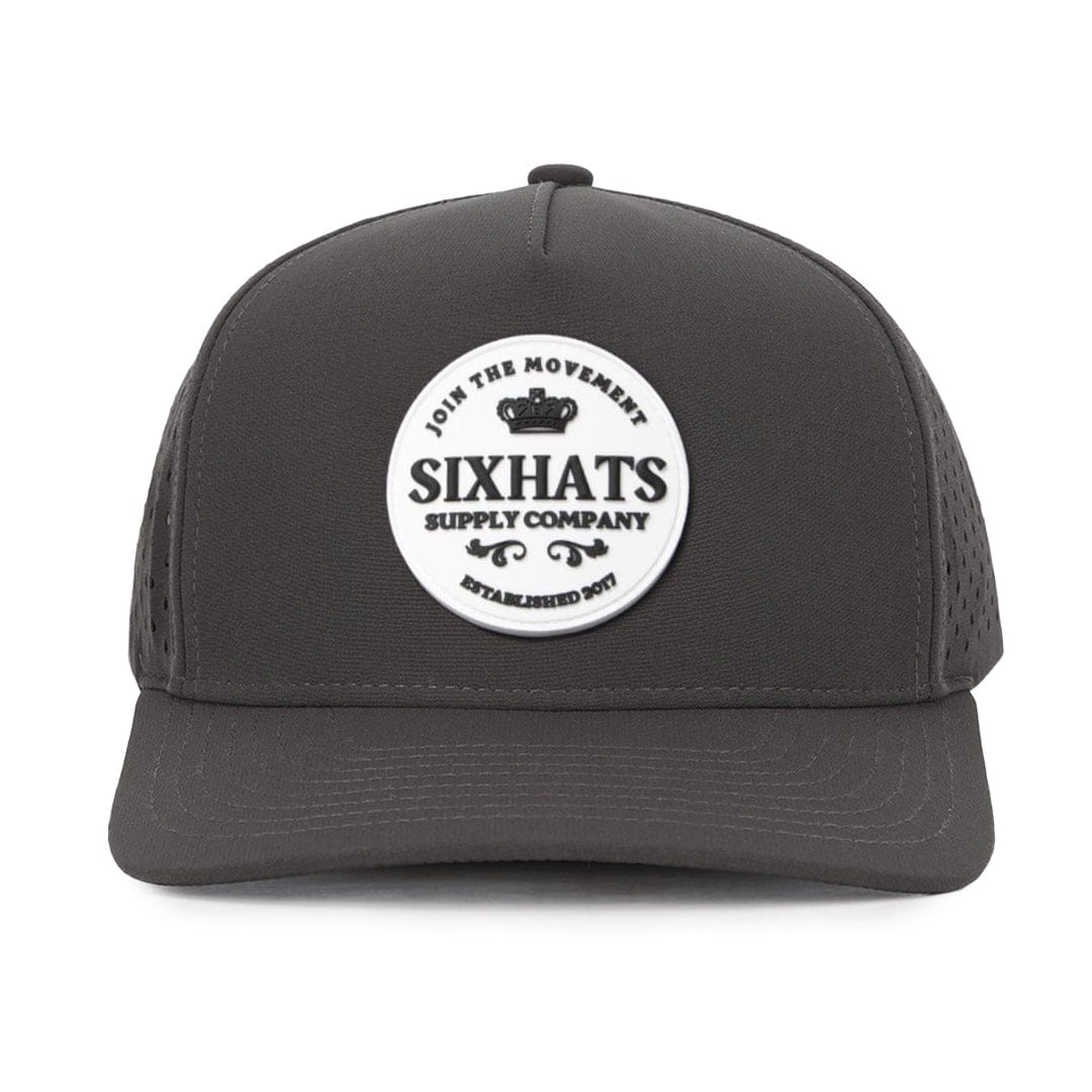 Charcoal signature cap with Crown white rubber patch sew on in front waterproof hats custom made in Canada Six Hats Supply