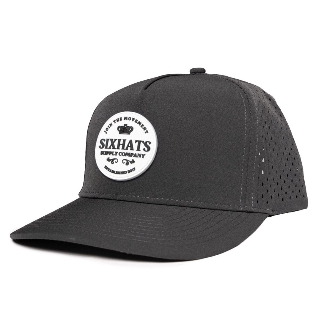 Charcoal signature cap with Crown white rubber patch sew on in front waterproof and sweat proof hats custom made in Canada Six Hats Supply