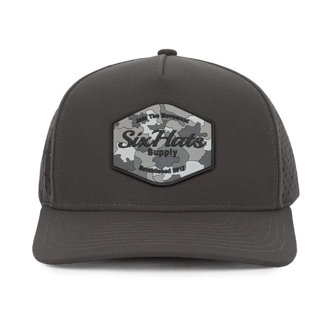 Charcoal Signature hat with Camo Hex rubber patch sew on in front waterproof  caps custom made in Canada Six hats Supply