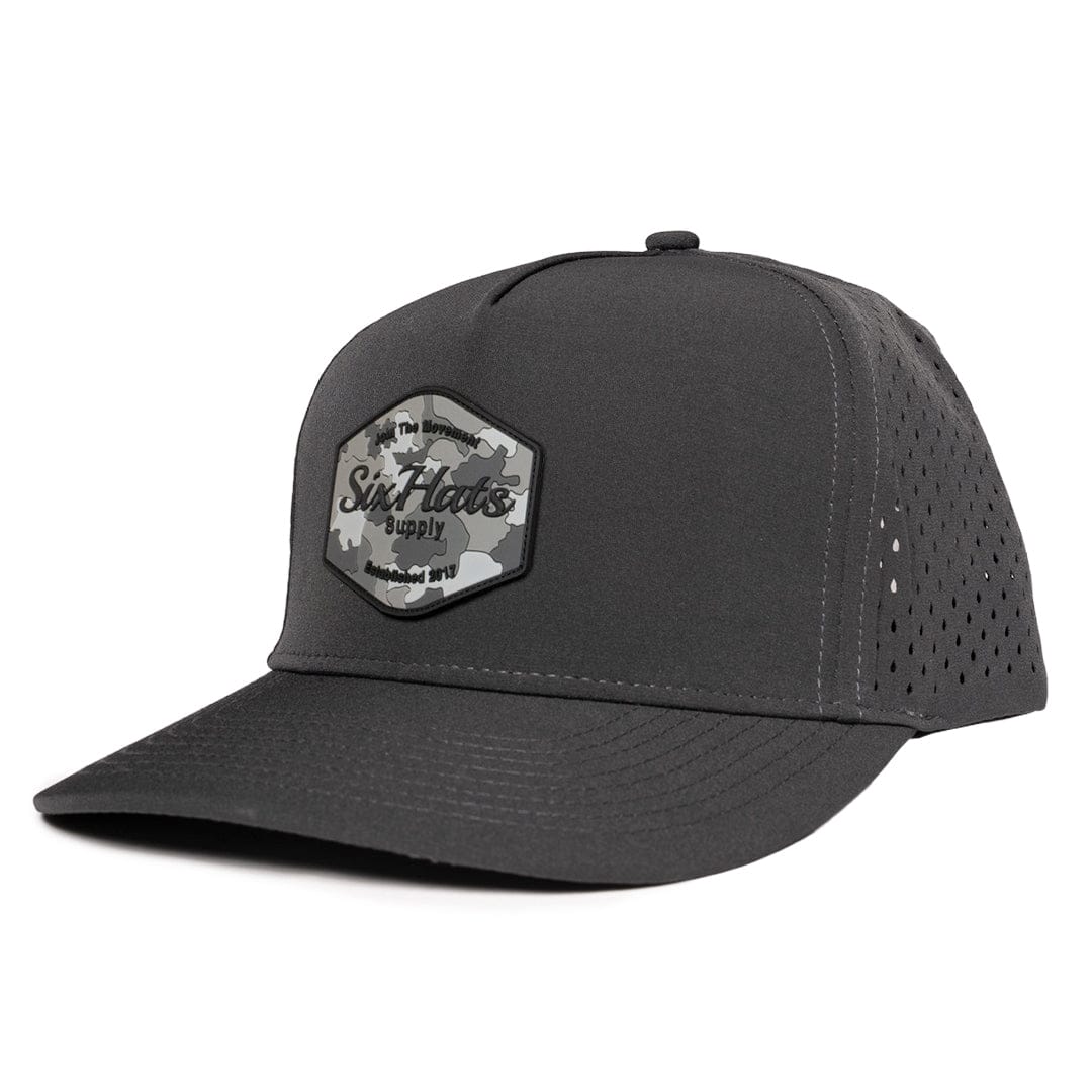 Charcoal Signature hat with Camo Hex rubber patch sew on in front waterproof  and sweat proof caps custom made in Canada Six hats Supply