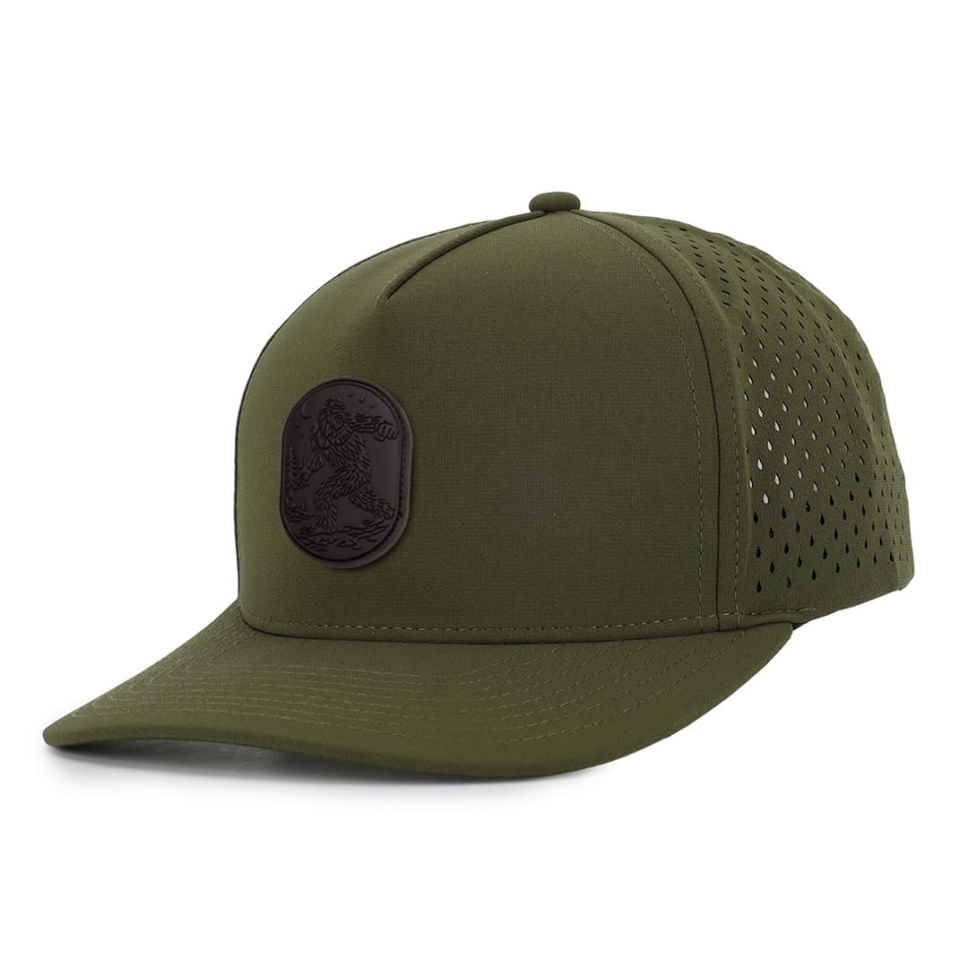 Forest_green_signature_waterproof_sweat_proof_sasquatch_style_embroidery_design_in_Canada_side_view