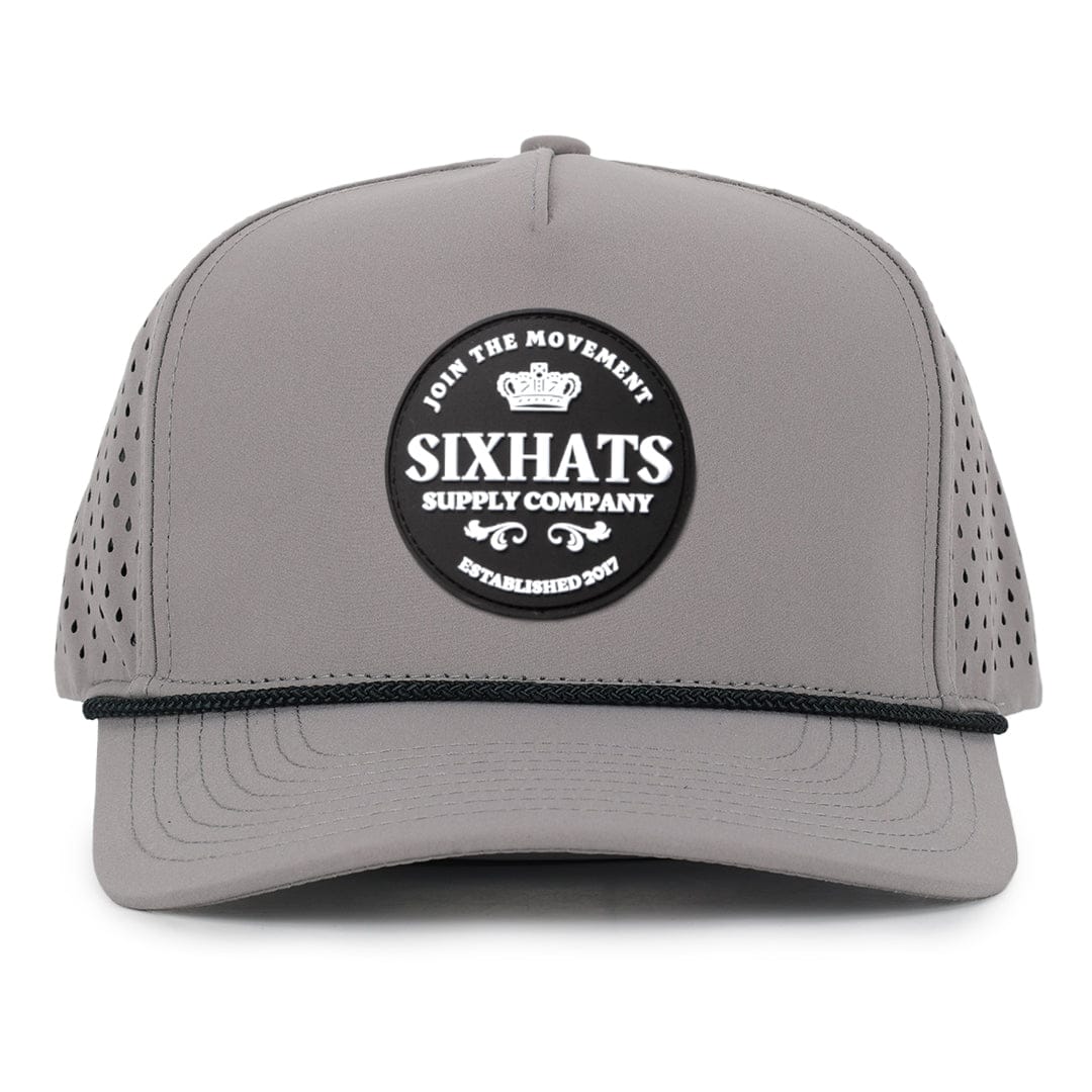 Grey Signature crown black rubber patch sew on in front waterproof custom made in Canada Six Hats supply