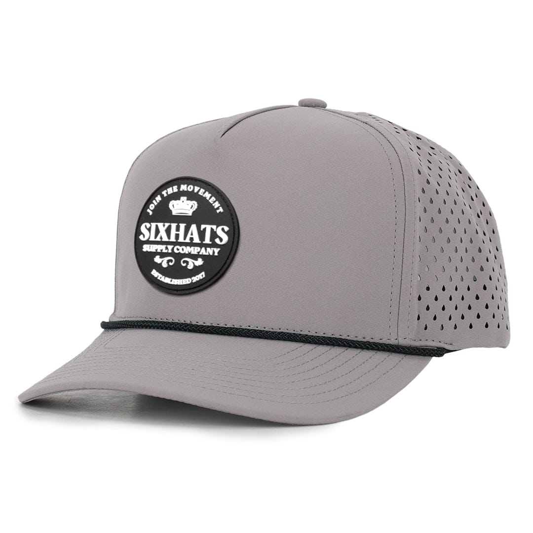 Grey Signature crown black rubber patch sew on in front waterproof and sweat proof custom made in Canada Six Hats supply