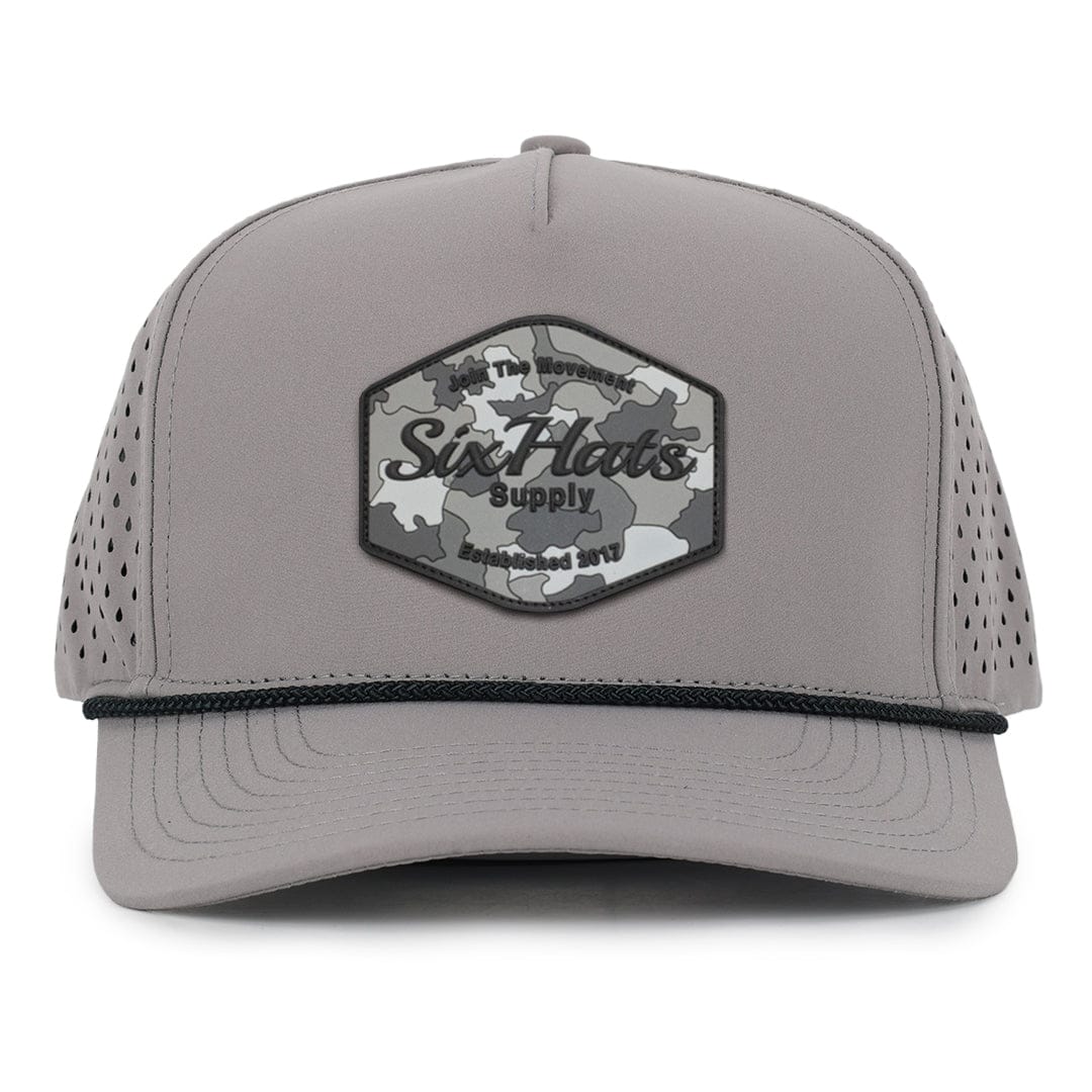 Grey Signature with Hex camo rubber patch sew on in front waterproof hats custom made in Canada Six Hats Supply