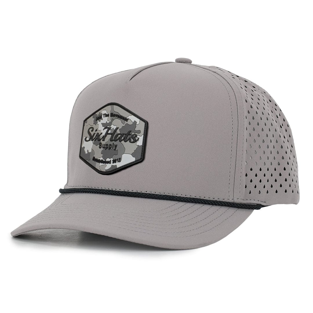 Grey Signature with Hex camo rubber patch sew on in front waterproof an sweat proof hats custom made in Canada Six Hats Supply