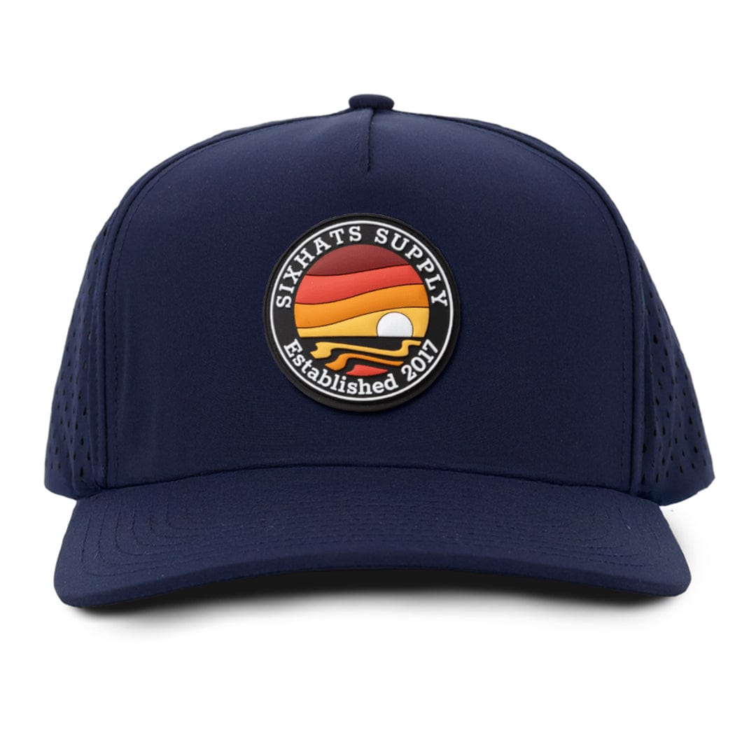 Navy Signature Horizon rubber patch sew on in front waterproof hats custom made in Canada Six Hats Supply
