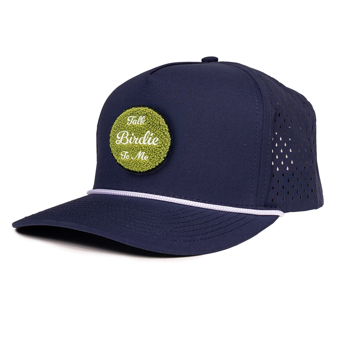 Navy_siganture_talk_birdie_to_me_chenille_patch_hat_six_hats_supply_waterproof_and_sweat_proof_caps_designed_in_Canada_side_view