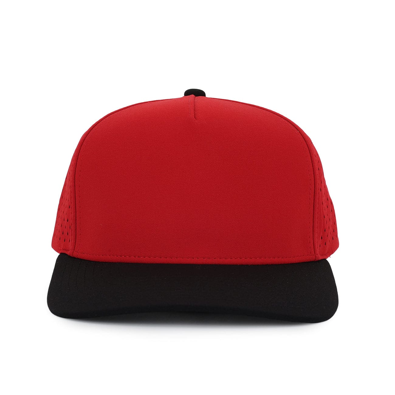 Red Signature hat with black brim 5 panel cap waterproof designed in Canada Six Hats supply