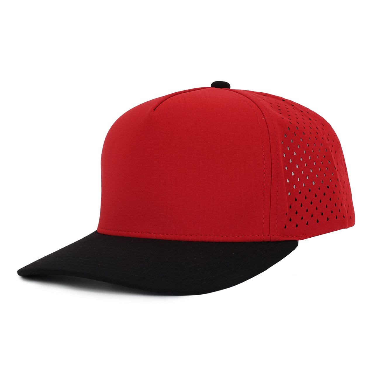 Red Signature hat with black brim 5 panel cap waterproof and sweat proof designed in Canada Six Hats supply
