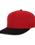 Red Signature hat with black brim 5 panel cap waterproof and sweat proof designed in Canada Six Hats supply