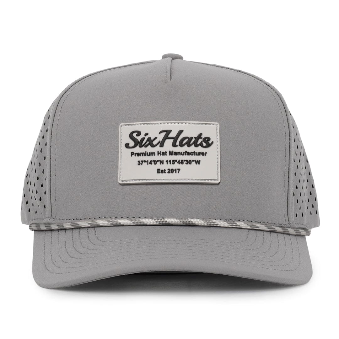 Grey Signature baseball cap range grey rubber patch sew on in front waterproof custom made in Canada Six Hats Supply