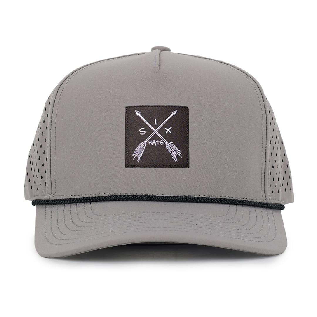 Gray mesh signature baseball cap with arrow woven fabric patch waterproof and sweat proof hat Six Hats Supply
