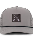 Gray mesh signature baseball cap with arrow woven fabric patch waterproof and sweat proof hat Six Hats Supply