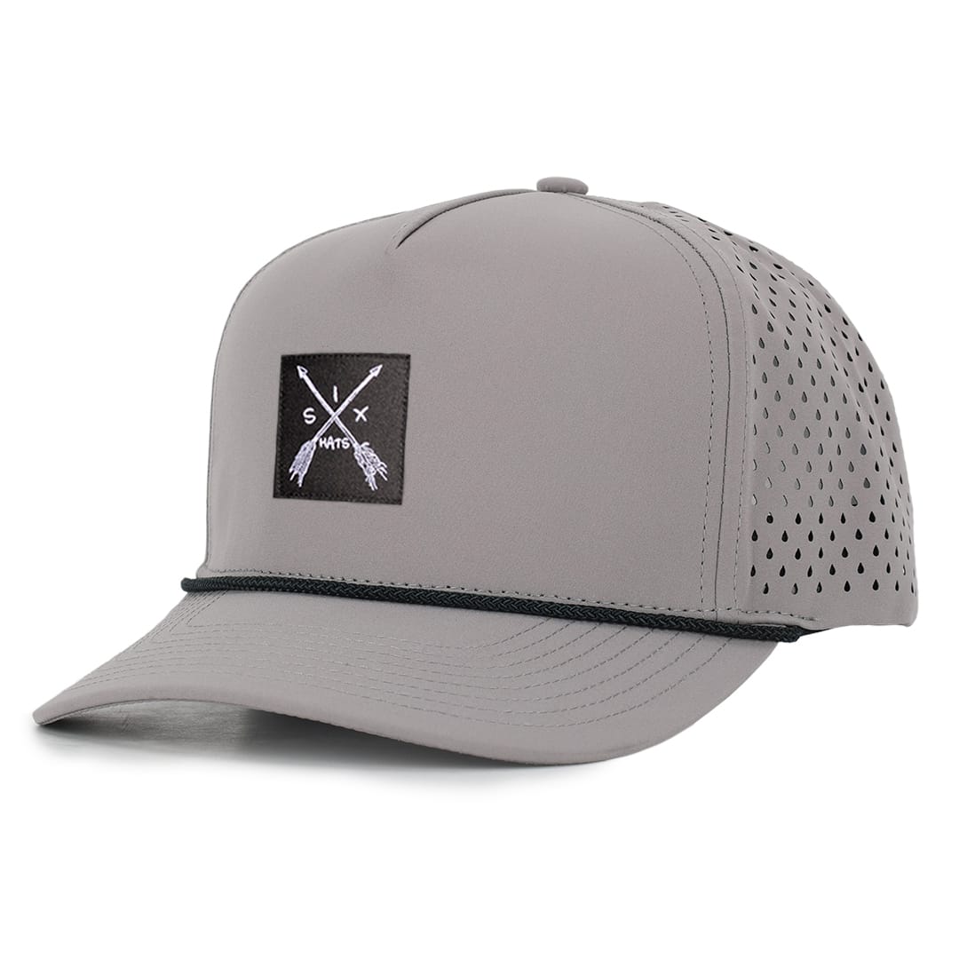 Gray signature baseball cap with arrow woven fabric patch waterproof and sweat proof hat Six Hats Supply