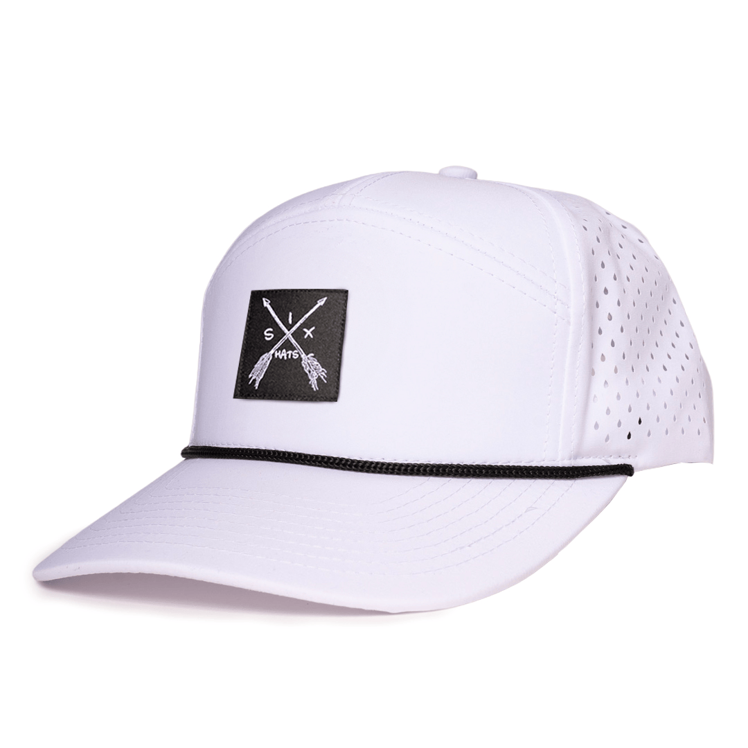 White_Arrow_tradesman_front_side_view_waterproof_hat_Six_hats_supply_designed_in_Canada