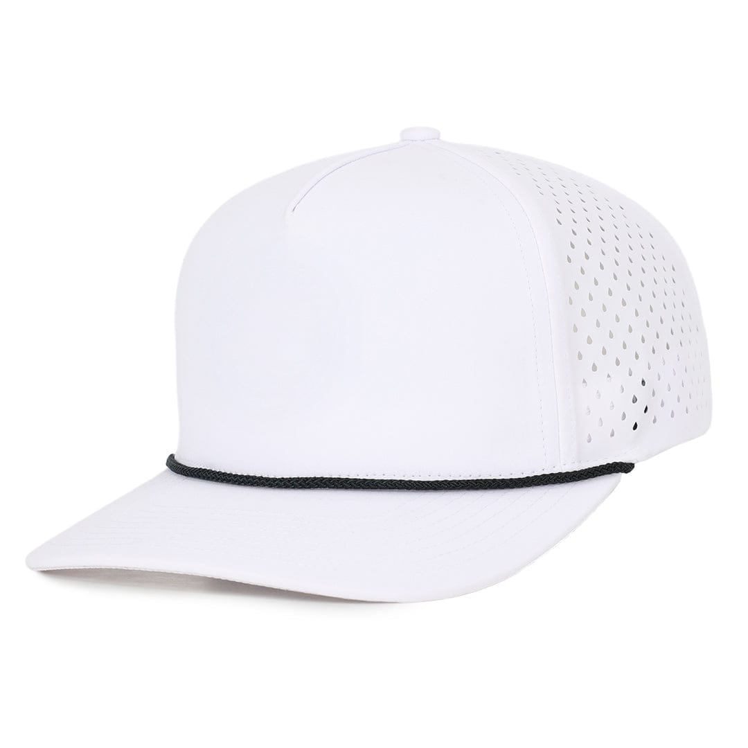 White Signature 5 panel hat with black rope waterproof sweat proof Six Hats Supply designed in Canada