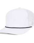 White Signature 5 panel hat with black rope waterproof sweat proof Six Hats Supply designed in Canada