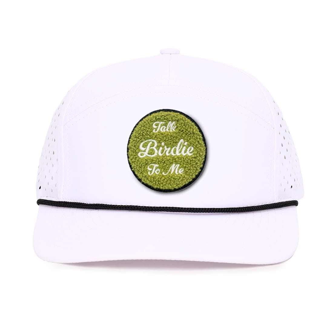 White_Tradesman_with_black_rope_Talk_Birdie_to_me_chenille_patch_waterproof_sweat_proof_caps_Designed_in_canada