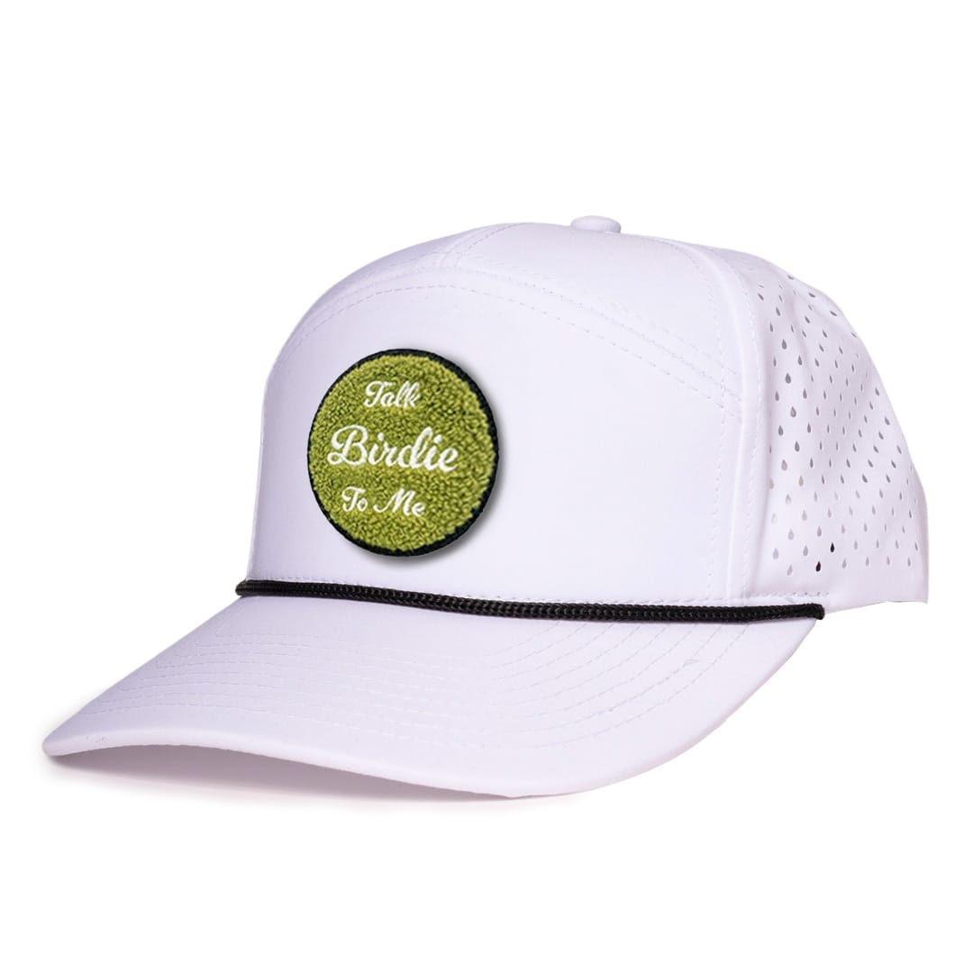 White_tradesman_side_view_with_black_rope_Talk_Birdie_to_me_chenille_patch_waterproof_sweat_proof_caps_Designed_in_canada