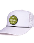 White_tradesman_side_view_with_black_rope_Talk_Birdie_to_me_chenille_patch_waterproof_sweat_proof_caps_Designed_in_canada